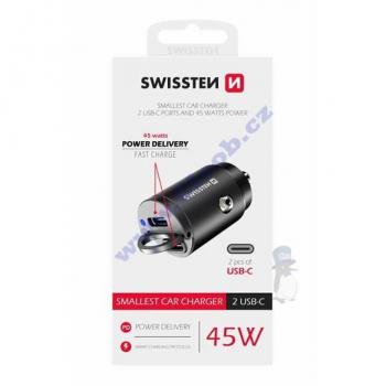 Swissten Handy‑Auto‑Ladegerät 45 W, 2×USB‑C, Schwarz