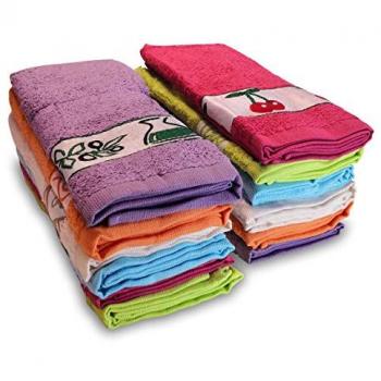 Paños cocina rizo, 12 ud., 100% algodón, 50x45cm, multicolor con dibujo bordado, juego trapos, briebe