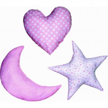 Set 3 Cojines Rosa Con Corazón, Luna y Estrella