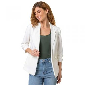 Ruched 3/4 Sleeve Stretch Blazer – White (UK 14)