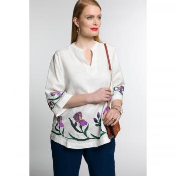 Camicia donna in lino, ricami, colletto alto, taglie forti, beige, Ulla Popken