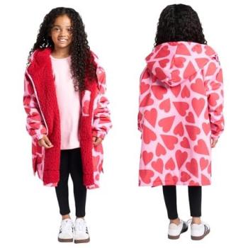 Kids’ Pink Hearts Sherpa Lounge Robe – Water Resistant, XL