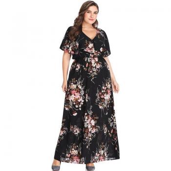 Floral Print Plus Size Boho Maxi Dress for Women Summer V Neck Short Sleeve