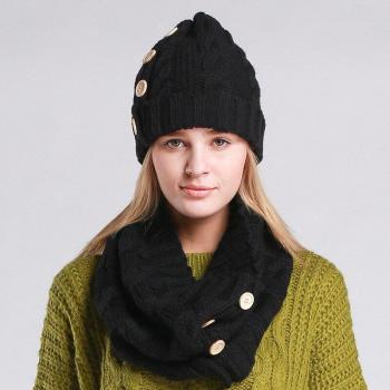 Damen Mütze und Schal Set mit Knöpfen