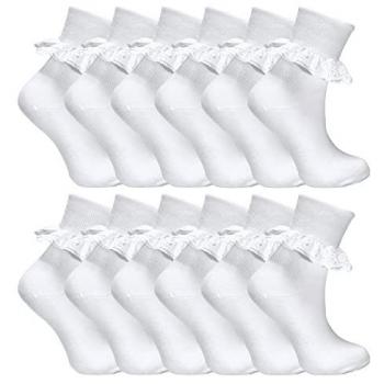 12 Pair White Frilly Lace Cotton Rich Socks