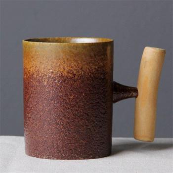 Ceramic Coffee Mug with Rustic Glaze and Wooden Handle