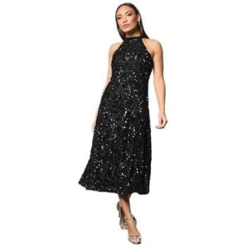 Women's Black Sequin Midi Halterneck Dress with Tie‑Back – Size 18