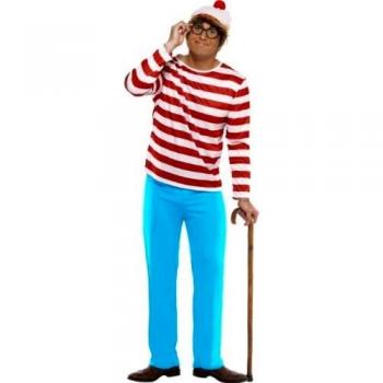 Smiffys Men's Where's Wally? Costume, Top, Trousers, Glasses & Hat, Colour: Red and White, Size: L, 34591
