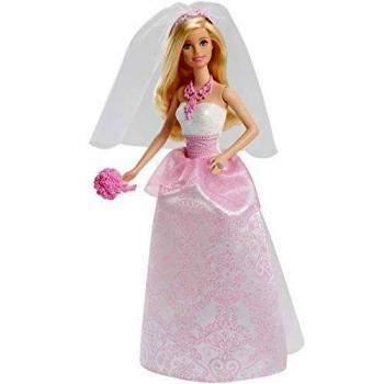 Barbie poupée Mariée en robe de mariage blanche et rose avec son voile et un bouquet, jouet pour enfant, CFF37