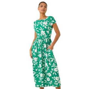 Roman Women's Green Floral Pocket Midi Dress (Size 18)