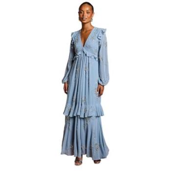 Long Sleeve Floral Georgette Midi Dress – Petite, Dusty Blue