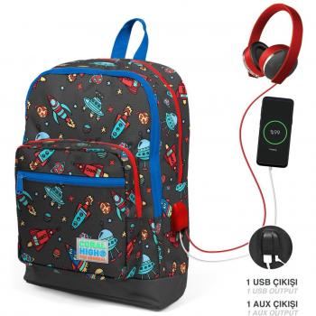 Zaino Scolastico USB Coral High Motivo Spaziale Grigio e Rosso 23279