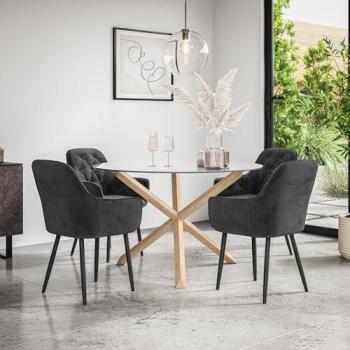 Malvern Round Glass Dining Table + 4 Velvet Chairs (Black) – Clear Top with Oak Legs