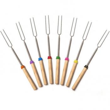 Tenedor asado kebab flexible, mango telescópico en madera para camping