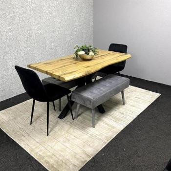 KOSY KOALA Unisex Wooden Dining Table with 2 Black Velvet Chairs and Grey Padded Benches in Brown (One Size Female)