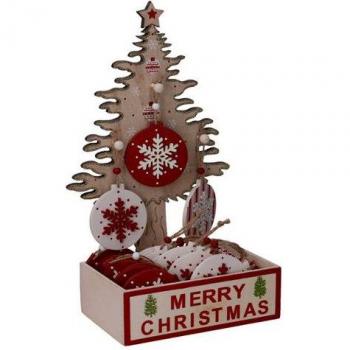Espositore Alberelli Legno con 24 Decorazioni Sfera cm 18x12h32
