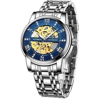 Montre Homme Or Mécanique Squelette Remontage Automatique Acier Inoxydable Étanche Fond en Verre Chiffres Romains Cadran en Diamant
