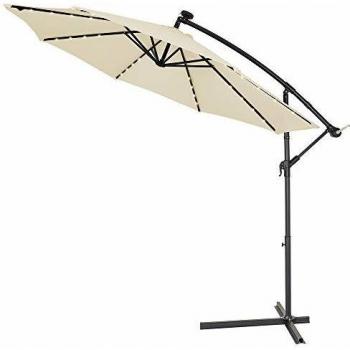 Parasol déporté aluminium rond 330cm crème avec éclairage LED solaire