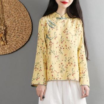 Floral Print Long Sleeve Cotton Linen Shirt for Women