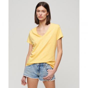 Superdry Damen V‑Ausschnitt Shirt mit Stickerei, strukturierter Stoff, Gelb – XS