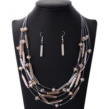 Silver Multi-Layered Necklace and Earring Set with Coral Beads