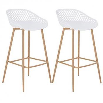 Lot de 2 tabourets de bar IREK Design scandinave rétro Assise plastique blanc pieds métal décor bois Hauteur d'assise 75 cm