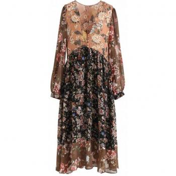 Women's Bohemian Floral Chiffon Dress with V-Neck