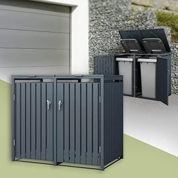 Cobertizo de Acero para Cubos de Basura 240L Doble Antracita Resistente a Intemperie con Tapa Abatible y Cerradura 132x80x116,3 cm