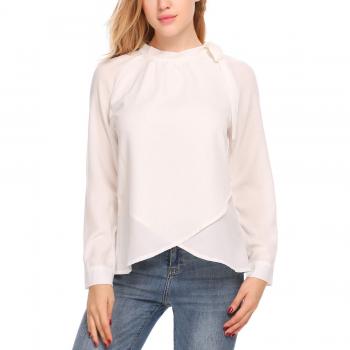 Beyove Elegante Chiffontop für Frauen – langärmlig, weiße Loose-Fit-Bluse, Bogenbinde