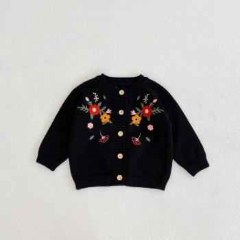 Pull noir pour fille, tricot à manches longues, veste brodée, E3067, printemps 2022