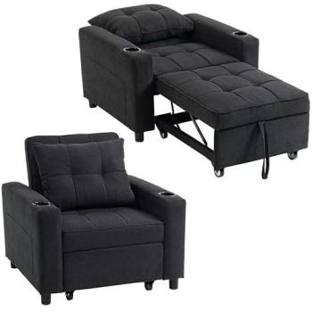 HOMCOM 3‑in‑1 Sofa Bed – Black, One‑Seat, Adjustable Recline