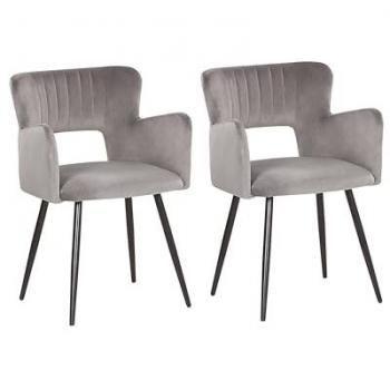 Set of 2 Grey Velvet Dining Chairs with Armrests and Tufted Back