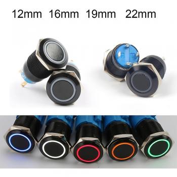 Bouton LED Métallique Noir 12 mm 16 mm 19 mm 22 mm Momentané Étanche 12V 220V 24V