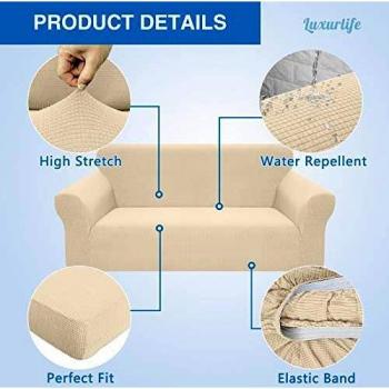 Luxurlife 1 Piece Water Resistant Chair Cover for Living Room High Stretch Sofa Cover Slipcover Non Slip Furniture Protector for Kids Pets with Elastic Bottom (1 Seater, Beige)