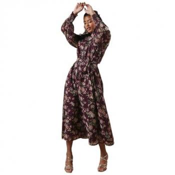 Petite Floral Dobby Chiffon Shirred Blouson Sleeve Midi Dress