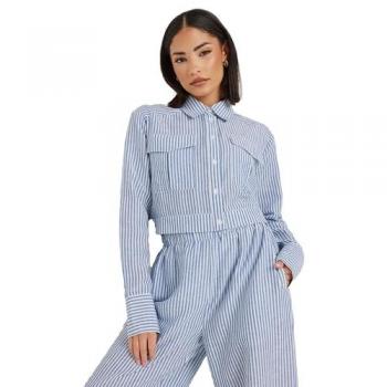 Women's Petite Linen Blue Stripe Shirt