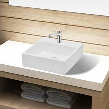 Square White Ceramic Sink with Faucet Hole