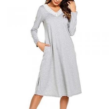 ADOME Damen Schlafkleid – Langarm, V-Ausschnitt, A‑Linie, Baumwolle