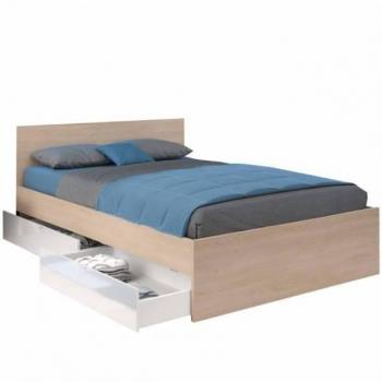 Nombre equivalente 4: Cama doble John con acabado en Roble Brooklyn y blanco shiny y cajones de almacenamiento, tamaño 160x2