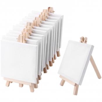 Pack 12 Lienzo Mini 4x4” + Caballete 8x16cm – Madera Color Blanco