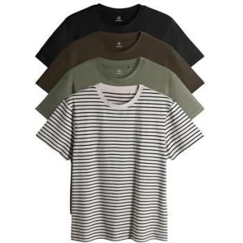 Kurzärmliges Baumwoll-T-Shirt-Set für Männer – Regular Fit, 4 Stück, Schwarz/Khaki/Grün/Gestr