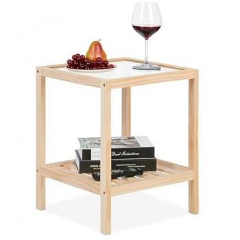 Square Storage Side Table, Glass Top, Wood, 50 x 40 x 40 cm, Natural