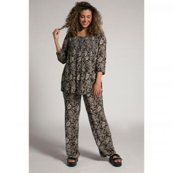 Black Plus Size Leaf Print Crepe Pants with Tassel Tie
