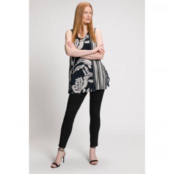 Top lungo nero floreale righe, smanicato, scollo tondo, Donna, Taglia: 48/50, Viscosa
