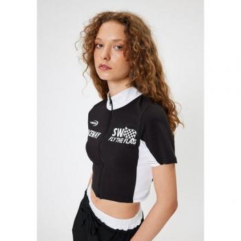 Kurzärmeliges Standkragen T-Shirt von Koton – Schwarz, M
