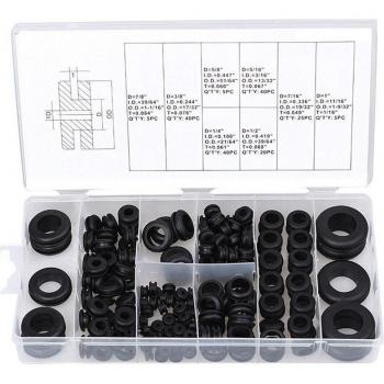 Kit de arandelas de goma negras, 180 piezas, conjunto surtido para cableado