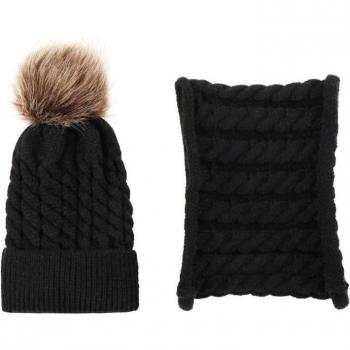 Ensemble de chapeau et écharpe tricotés pour enfants 12M-3Ans, avec pompon, en blanc, gris, noir et beige