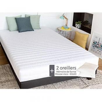 Matelas Mousse 160x200 ErgoPlus + Kit 2 oreillers mémoire 60x60 cm
