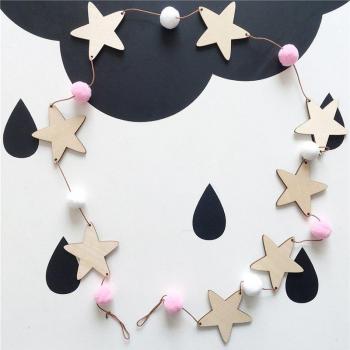 Wooden Star Wall Hanging Felt Ball Garland