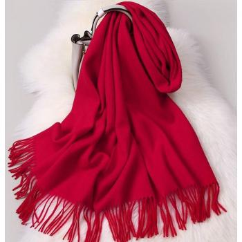 Bufanda de lana para mujer, color rojo oscuro, otoño-invierno, con borlas